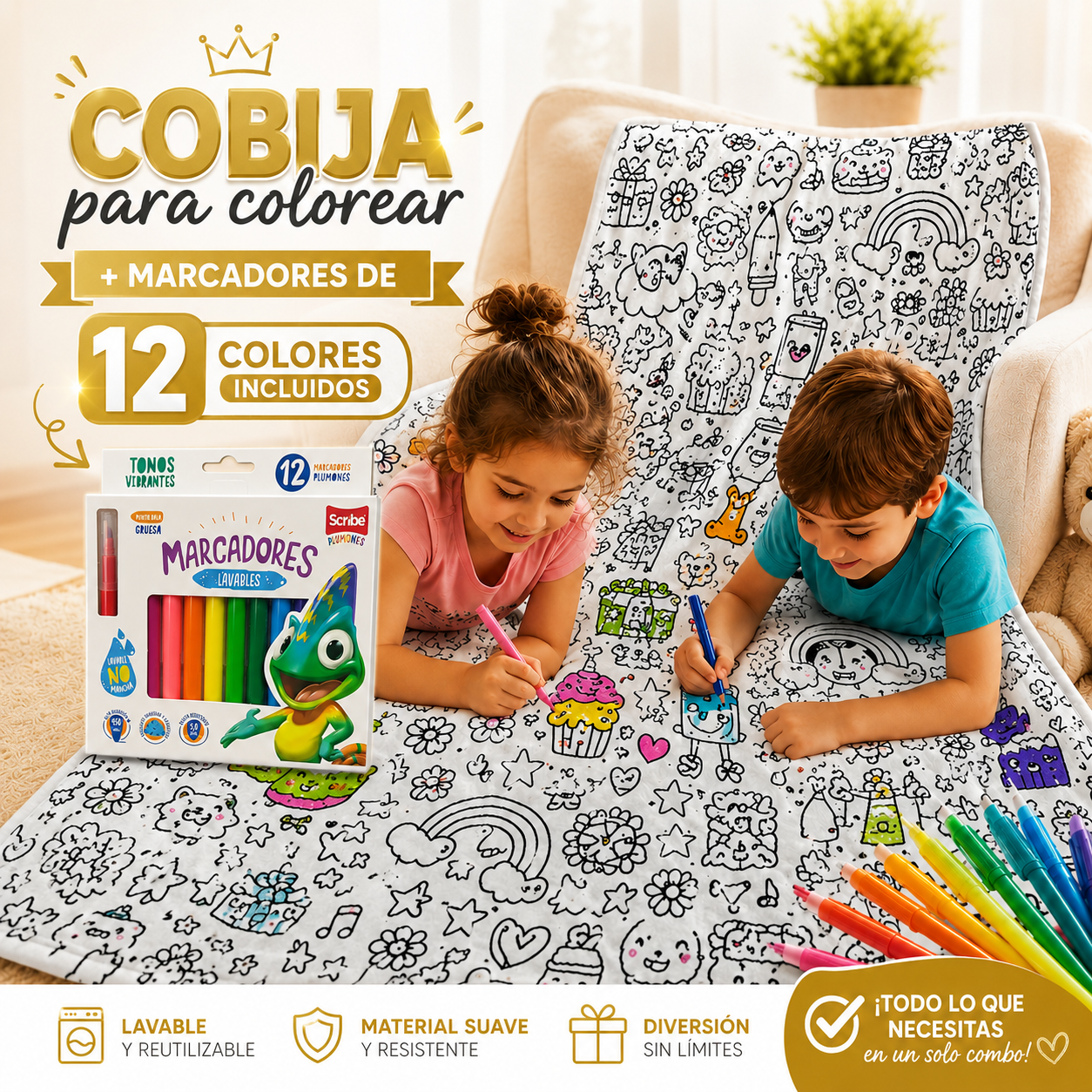 Kit Cobija para Colorear + 12 Plumones